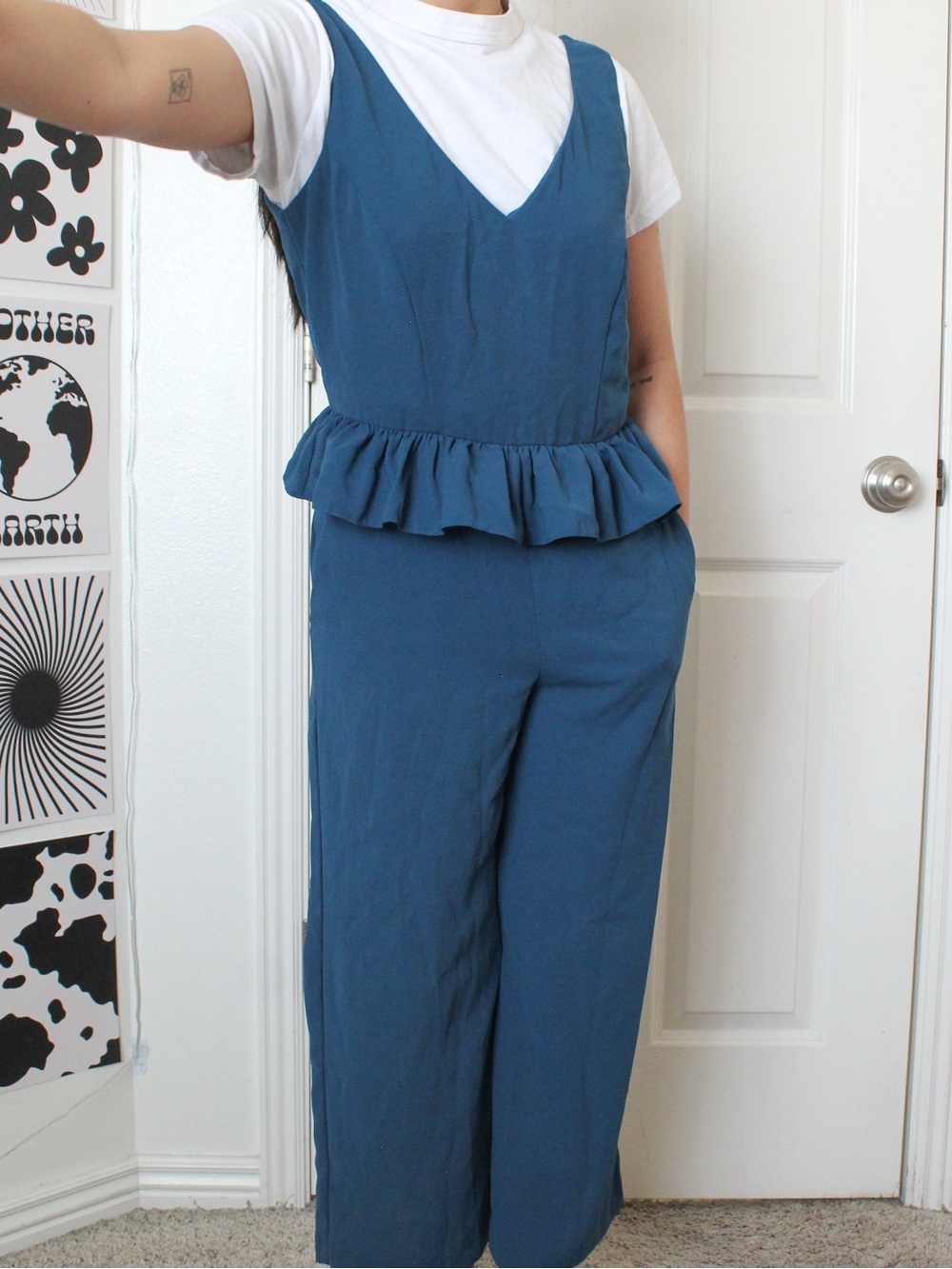 Teal Blue Peplum Jumpsuit - Women's Sleeveless V-Neck